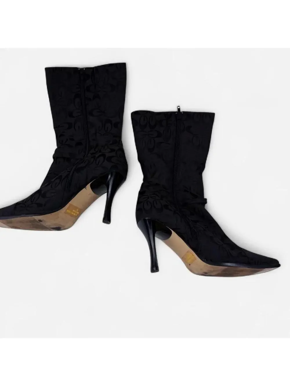 Y2K Black Floral Brocade Stiletto Heeled Ankle Boots